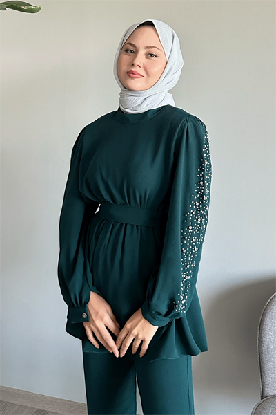 Kolu İnci Beli Büzgülü Zümrüt Yeşili Takım