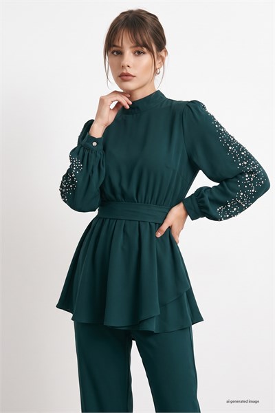 Pearl-Sleeved Gathered Waist Emerald Green Set