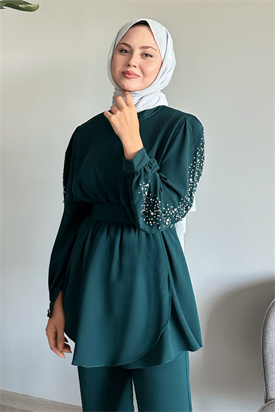 Kolu İnci Beli Büzgülü Zümrüt Yeşili Takım