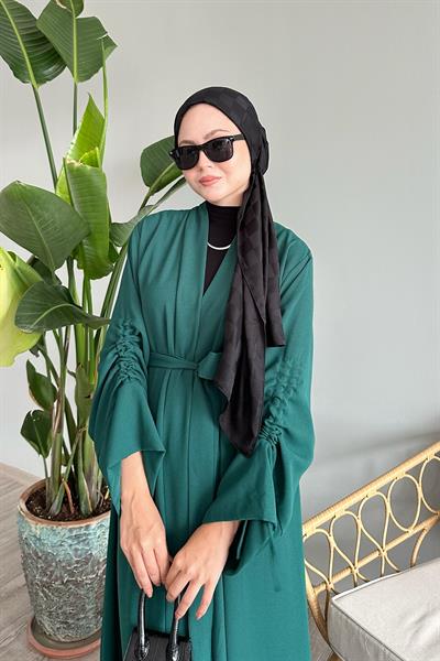 Kolu İpli Büzgülü Zümrüt Yeşili Abaya