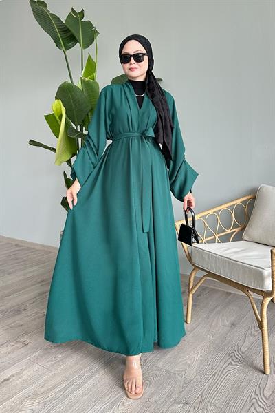 Kolu İpli Büzgülü Zümrüt Yeşili Abaya