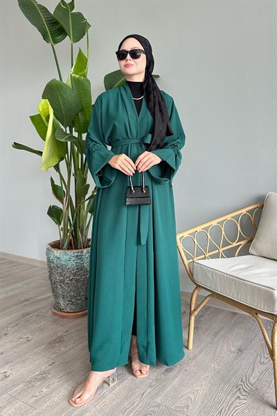 Kolu İpli Büzgülü Zümrüt Yeşili Abaya