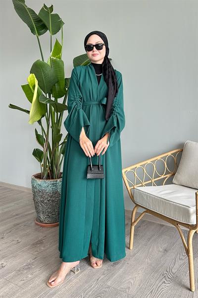 Kolu İpli Büzgülü Zümrüt Yeşili Abaya