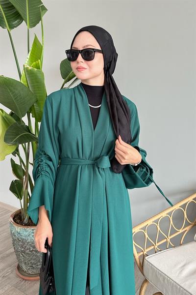Kolu İpli Büzgülü Zümrüt Yeşili Abaya
