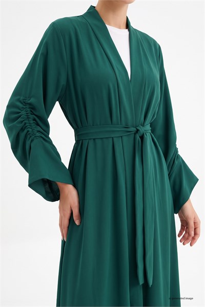 Kolu İpli Büzgülü Zümrüt Yeşili Abaya