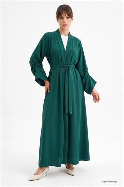 Kolu İpli Büzgülü Zümrüt Yeşili Abaya