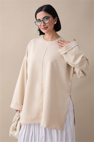 Kolu Katlamalı Oversize Bej Sweat