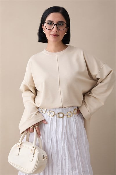 Kolu Katlamalı Oversize Bej Sweat