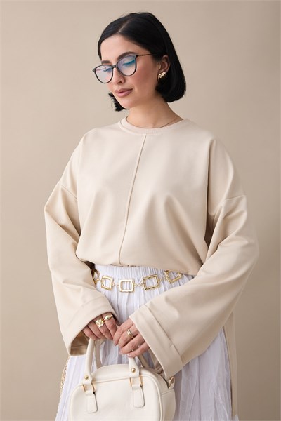 Kolu Katlamalı Oversize Bej Sweat