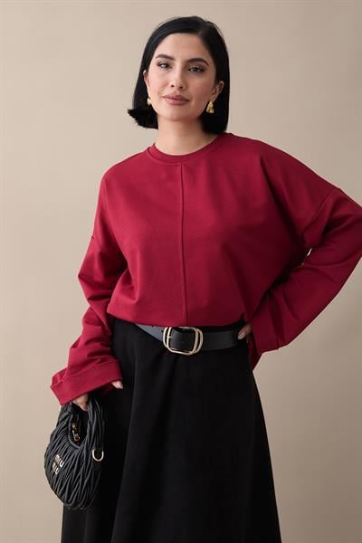 Kolu Katlamalı Oversize Bordo Sweat