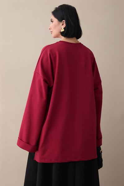 Kolu Katlamalı Oversize Bordo Sweat