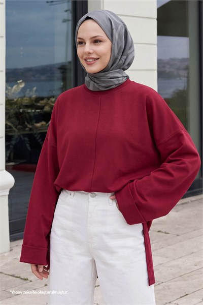 Kolu Katlamalı Oversize Bordo Sweat