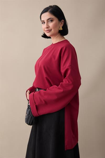 Kolu Katlamalı Oversize Bordo Sweat