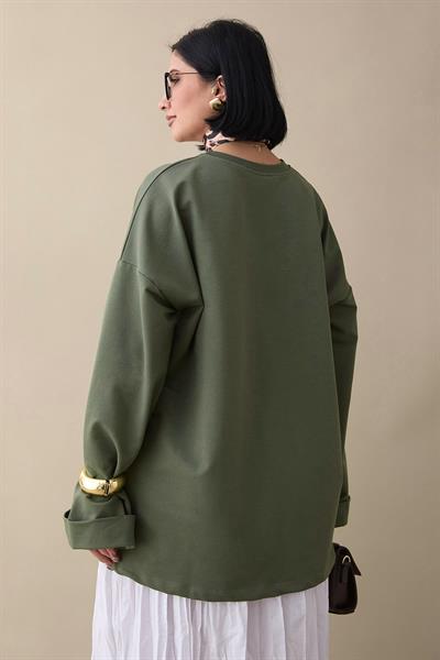 Kolu Katlamalı Oversize Haki Sweat