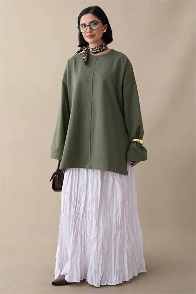 Kolu Katlamalı Oversize Haki Sweat