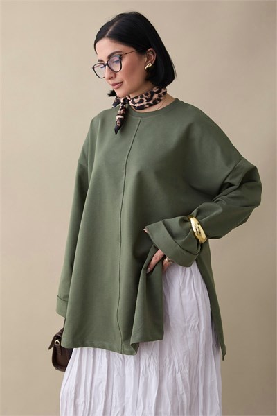 Kolu Katlamalı Oversize Haki Sweat