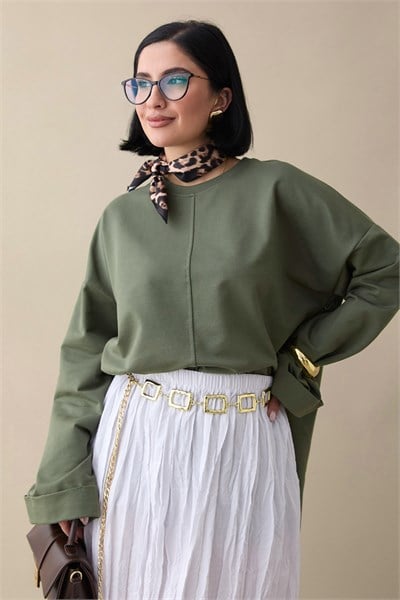 Kolu Katlamalı Oversize Haki Sweat