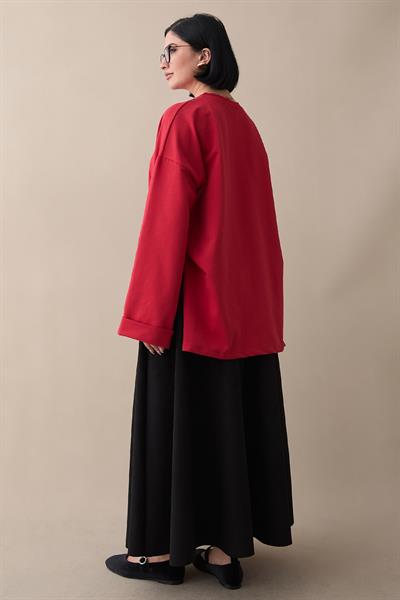 Kolu Katlamalı Oversize Kırmızı Sweat