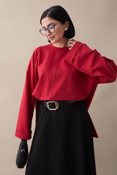 Kolu Katlamalı Oversize Kırmızı Sweat