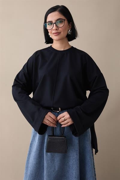Kolu Katlamalı Oversize Lacivert Sweat