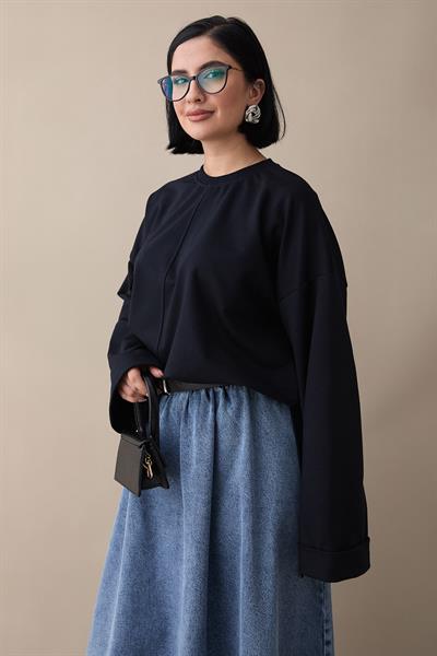 Kolu Katlamalı Oversize Lacivert Sweat