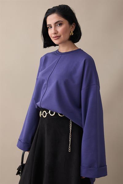 Kolu Katlamalı Oversize Mor Sweat