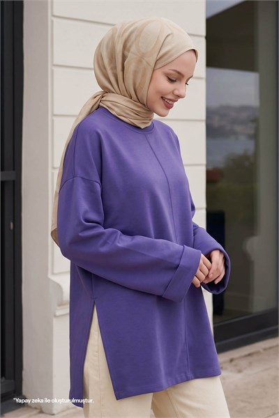 Kolu Katlamalı Oversize Mor Sweat