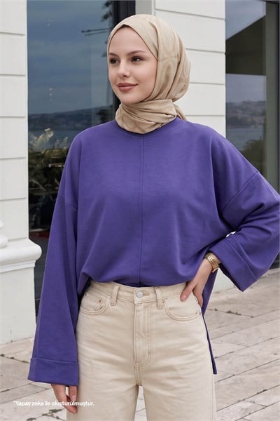 Kolu Katlamalı Oversize Mor Sweat