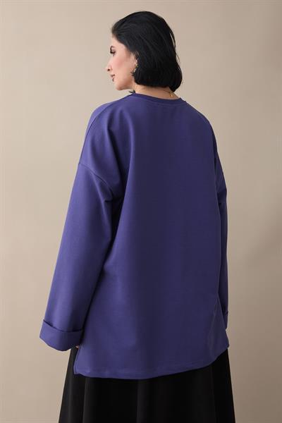 Kolu Katlamalı Oversize Mor Sweat