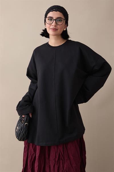 Kolu Katlamalı Oversize Siyah Sweat
