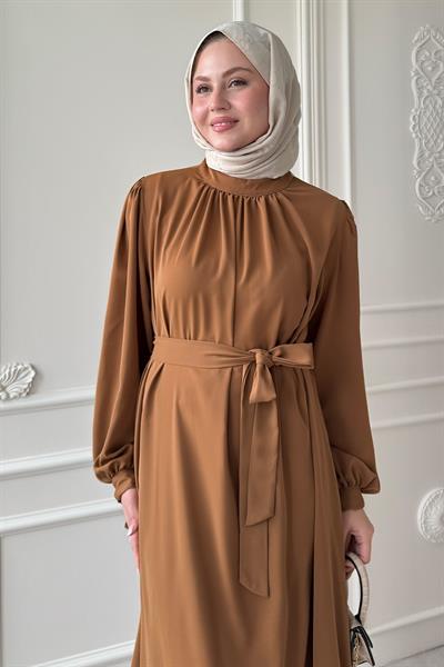 Kolu Kuşak Bağlamalı Camel Elbise