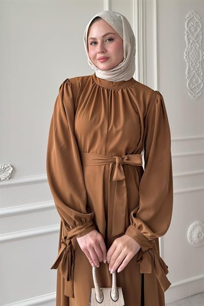 Kolu Kuşak Bağlamalı Camel Elbise