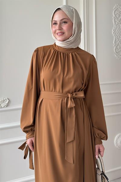 Kolu Kuşak Bağlamalı Camel Elbise