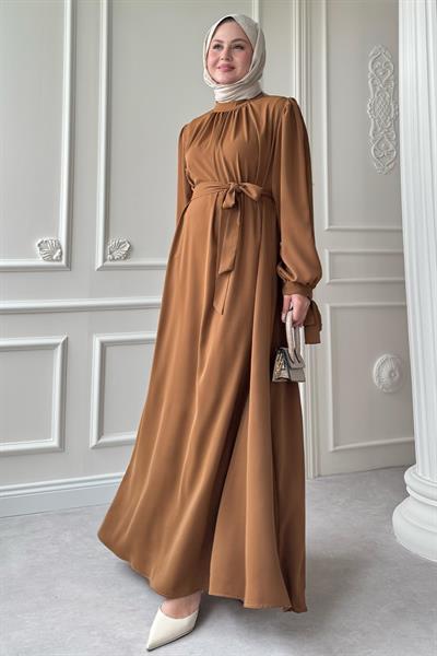Kolu Kuşak Bağlamalı Camel Elbise