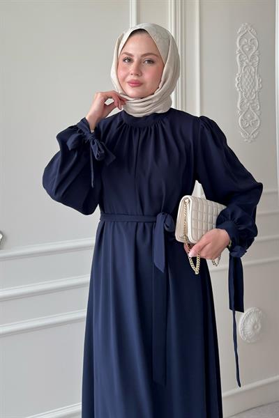 Kolu Kuşak Bağlamalı Lacivert Elbise