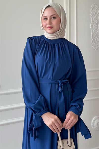 Kolu Kuşak Bağlamalı Saks Mavisi Elbise