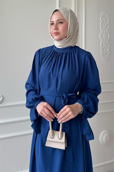 Kolu Kuşak Bağlamalı Saks Mavisi Elbise