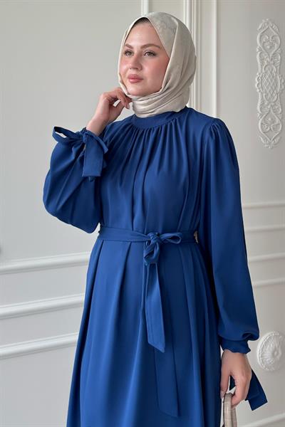 Kolu Kuşak Bağlamalı Saks Mavisi Elbise
