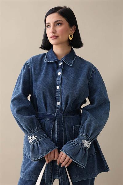 Kolu Taşlı Fırfırlı Koyu Mavi Kot Takım