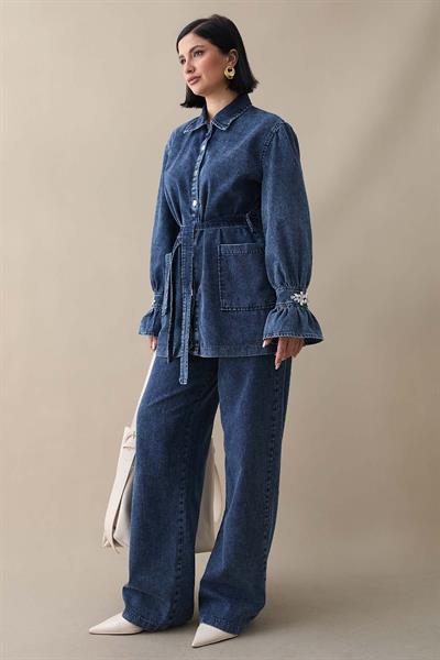 Kolu Taşlı Fırfırlı Koyu Mavi Kot Takım