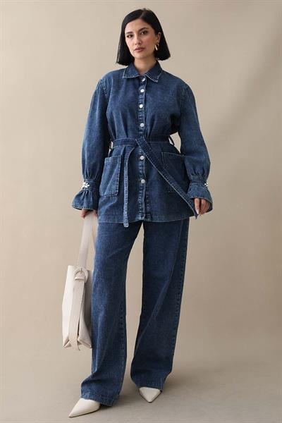 Kolu Taşlı Fırfırlı Koyu Mavi Kot Takım