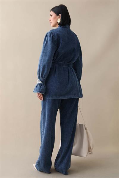 Kolu Taşlı Fırfırlı Koyu Mavi Kot Takım