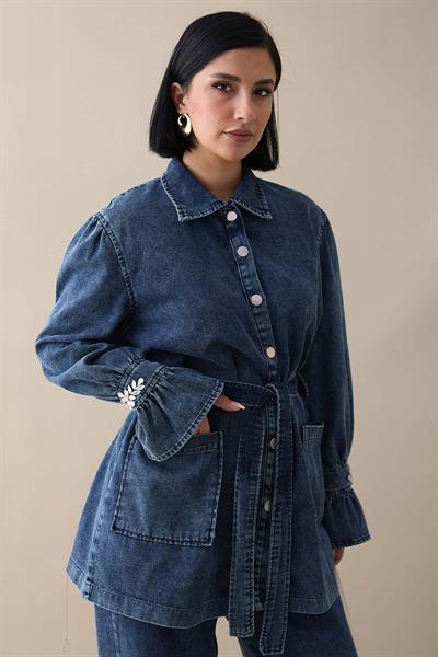 Kolu Taşlı Fırfırlı Koyu Mavi Kot Takım