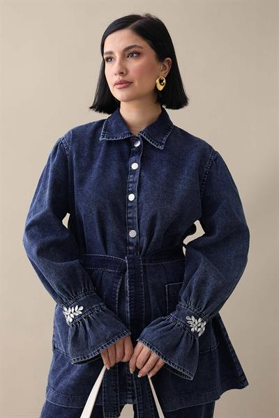 Kolu Taşlı Fırfırlı Lacivert Kot Takım