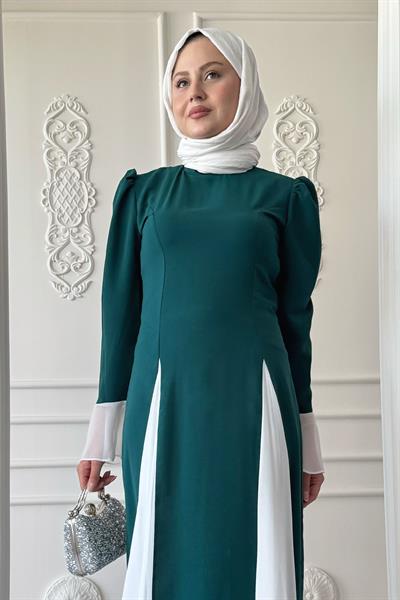 Kolu ve Eteği Tül Detay Zümrüt Yeşili Elbise
