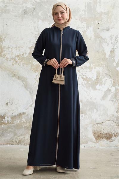 Kolu Yarım Biyeli Ribanalı Lacivert Ferace