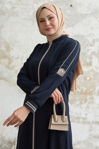 Kolu Yarım Biyeli Ribanalı Lacivert Ferace