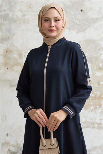 Kolu Yarım Biyeli Ribanalı Lacivert Ferace