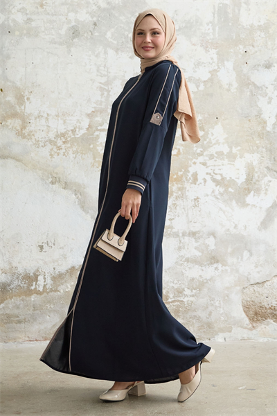 Kolu Yarım Biyeli Ribanalı Lacivert Ferace