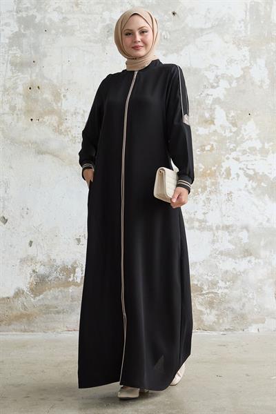 Kolu Yarım Biyeli Ribanalı Siyah Ferace